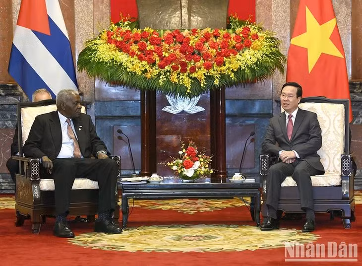 Chủ tịch nước Võ Văn Thưởng và Chủ tịch Quốc hội Cuba Esteban Lazo Hernandez tại buổi tiếp. (Ảnh: DUY LINH)