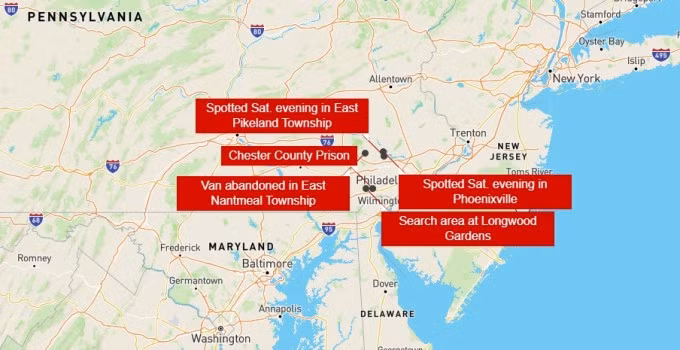 Nhà tù hạt Chester và những khu vực lân cận người dân nhìn thấy tù nhân Cavalcante. Đồ họa: Google Maps