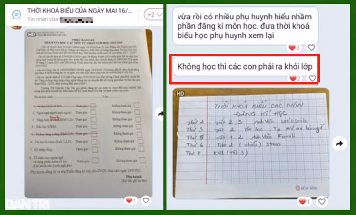 Cô giáo tuyên bố, nếu không đăng ký học môn liên kết học sinh phải ra khỏi lớp khiến phụ huynh dù không muốn cũng đành tự nguyện một cách ép buộc (Ảnh: Phụ huynh cung cấp).