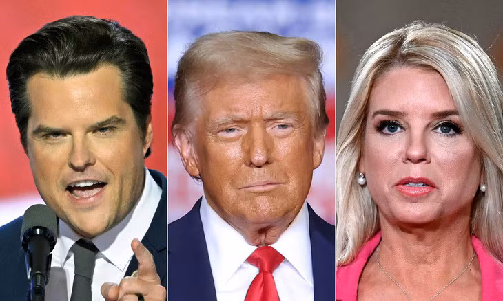 (Từ trái sang) Cựu dân biểu Matt Gaetz, Tổng thống đắc cử Donald Trump, bà Pam Bondi - Ảnh: AFP