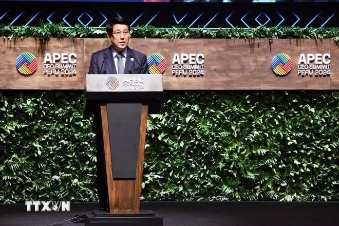 Chủ tịch nước Lương Cường phát biểu tại Hội nghị Thượng đỉnh Doanh nghiệp APEC-CEO Summit. (Ảnh: Lâm Khánh/TTXVN)