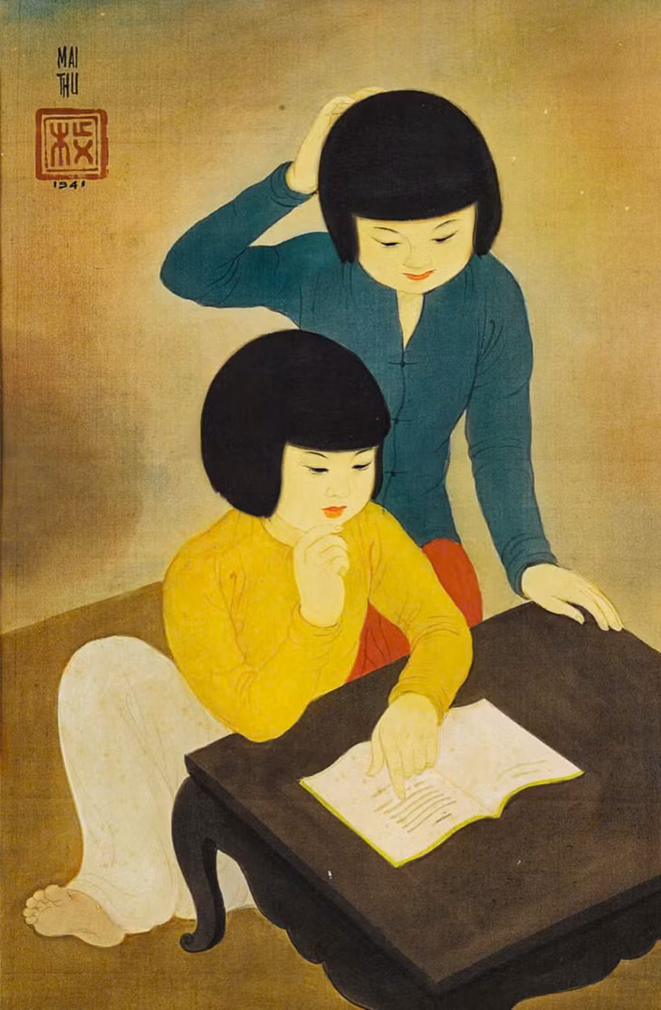 Cũng trong phiên 12/11, nhiều tác phẩm của danh họa Đông Dương được Sotheby's chào bán. Tranh Deux enfants à la lecture (Hai đứa trẻ học bài) do họa sĩ Mai Trung Thứ vẽ năm 1941, kích thước 43,4x28,8 cm, đạt 1,2 triệu HKD (3,9 tỷ đồng).