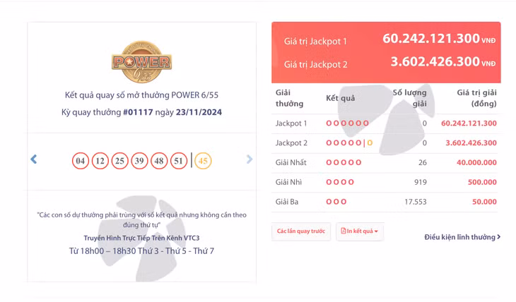 Kết quả quay số mở thưởng POWER 6/55 kỳ quay thưởng 01117 ngày 23/11/2024 ảnh 1