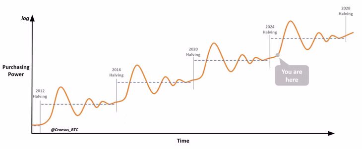 Biểu đồ về giá của Bitcoin sau các sự kiện halving và dự đoán về chu kỳ sắp tới. Ảnh: Jesse Myers.