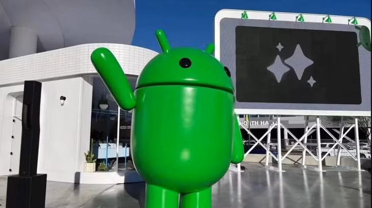 Tượng linh vật Android bên ngoài gian hàng của Google tại CES 2024. (Ảnh: CNET)