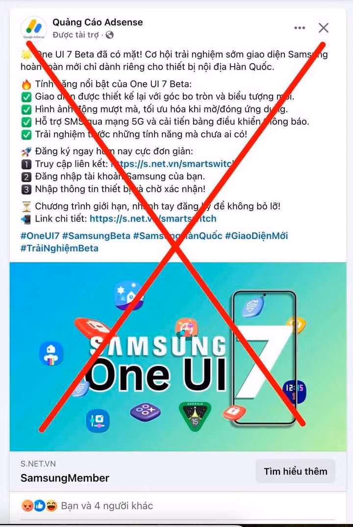 Một trang Facebook chạy quảng cáo đường link giả mạo chương trình thử nghiệm OneUI 7 Beta của Samsung.