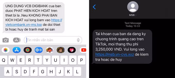 Tin nhắn giả mạo ngân hàng gửi đến khách hàng, có đường link lừa đảo, dẫn đến website mạo danh ngân hàng. Ảnh: Quỳnh Trang