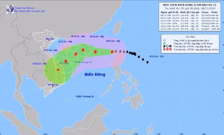 Hình ảnh đường đi của cơn bão Yinxing cập nhật lúc 5h ngày 8/11. (Nguồn: nchmf)