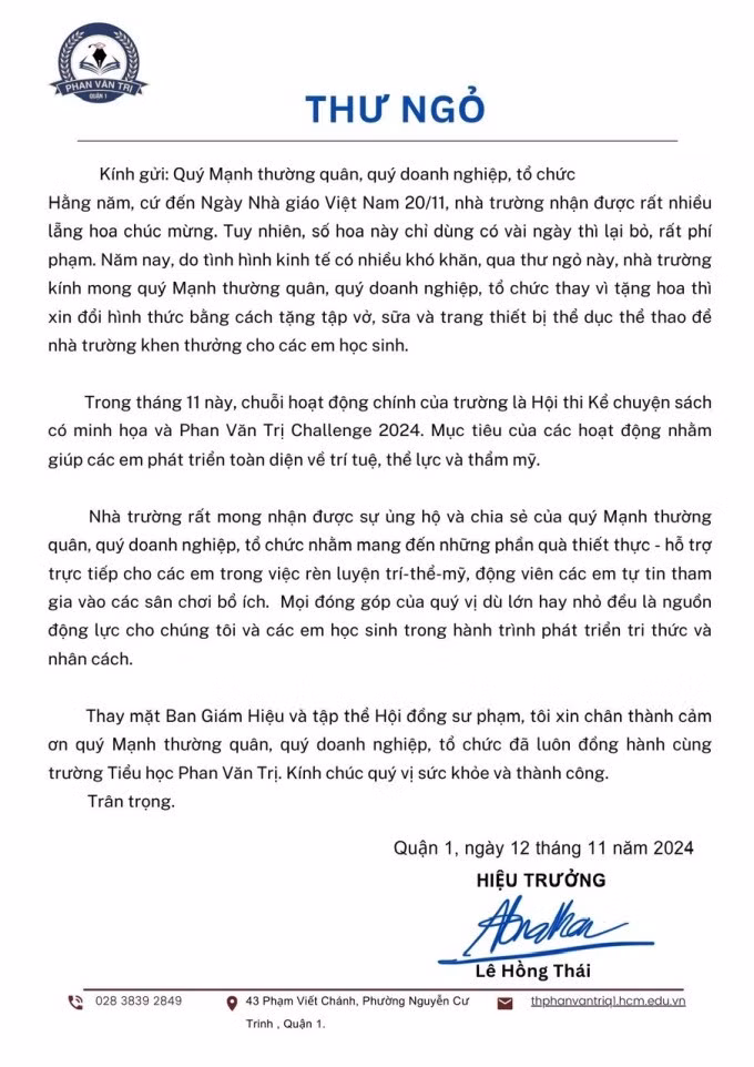 Thư ngỏ của Hiệu trưởng Tiểu học Phan Văn Trị. Ảnh: Nhà trường cung cấp