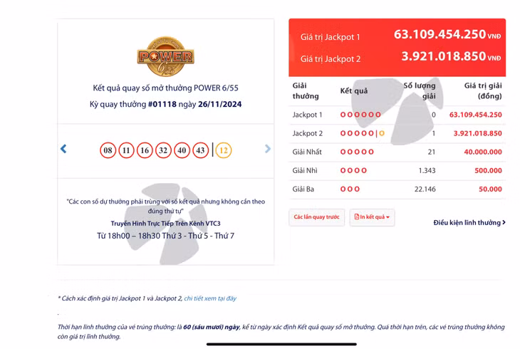 Kết quả quay số mở thưởng POWER 6/55 kỳ quay thưởng 01118 ngày 26/11/2024 ảnh 1