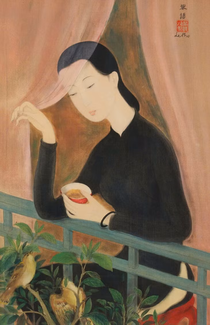 Bức Jeune fille aux oiseaux (Cô gái và con chim), kích thước 44,9x30,3 cm do họa sĩ Lê Phổ sáng tác, được Sotheby's Hong Kong gõ búa 2,1 triệu HKD (bảy tỷ đồng) tại buổi đấu giá một ngày sau đó.