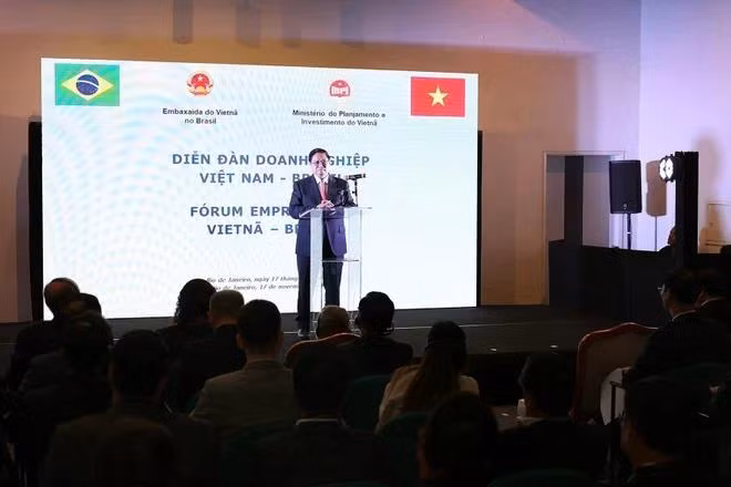 Thủ tướng Phạm Minh Chính phát biểu tại Diễn đàn Doanh nghiệp Việt Nam-Brazil. (Ảnh: Dương Giang/TTXVN)