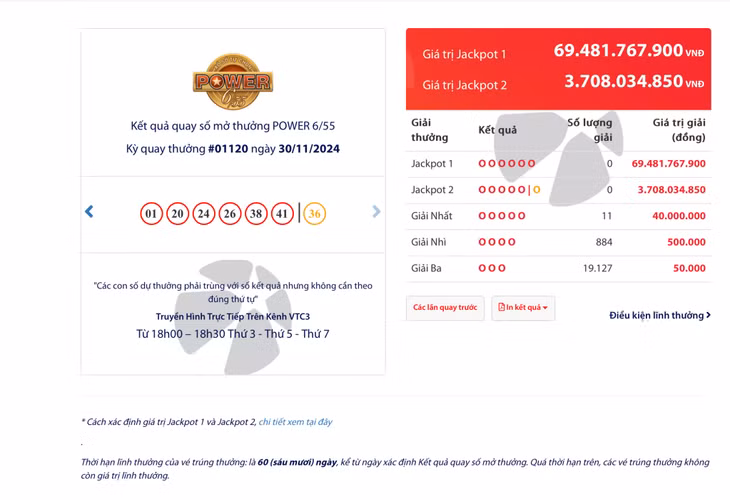 Kết quả quay số mở thưởng POWER 6/55 kỳ quay thưởng 01120 ngày 30/11/2024 ảnh 1