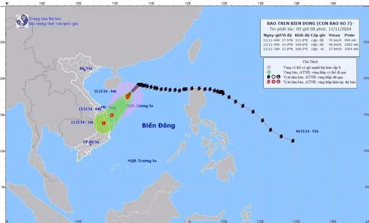 Hướng di chuyển của bão số 7 cập nhật lúc 4h sáng 11/11. (Ảnh: TTXVN phát)