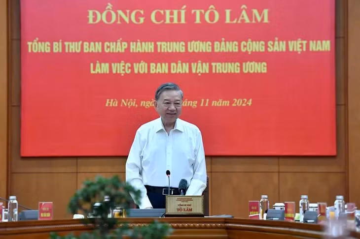 Tổng Bí thư Tô Lâm phát biểu chỉ đạo cuộc làm việc với Ban Dân vận Trung ương. Ảnh: Đăng Khoa