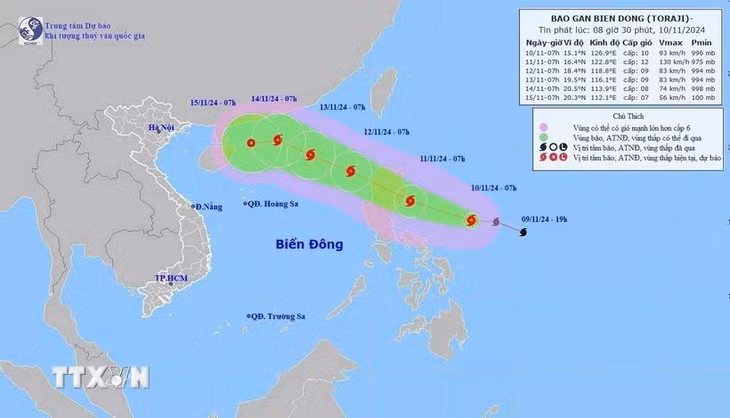 Đường đi của bão số 8, lúc 7 giờ ngày 12/11/2024. (Ảnh: TTXVN phát)