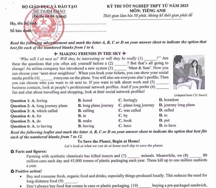 Đề tham khảo môn tiếng Anh kỳ thi tốt nghiệp THPT 2025. Ảnh: Chụp màn hình