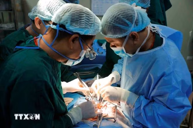 Êkíp bác sỹ Bệnh viện Đa khoa Đức Giang tiến hành ghép thận cho bệnh nhân. (Ảnh; Minh Quyết/TTXVN)