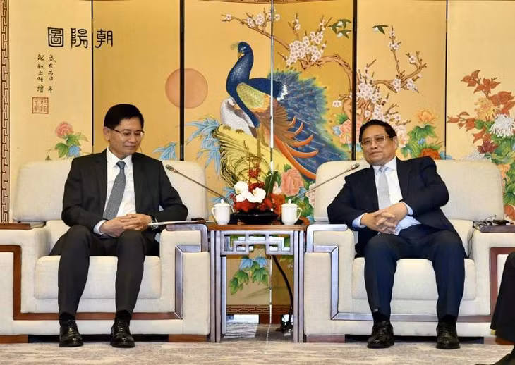 Thủ tướng Phạm Minh Chính tiếp đồng chí Lam Thiên Lập, Chủ tịch Khu Tự trị dân tộc Choang Quảng Tây, Trung Quốc. (Ảnh: THANH GIANG)