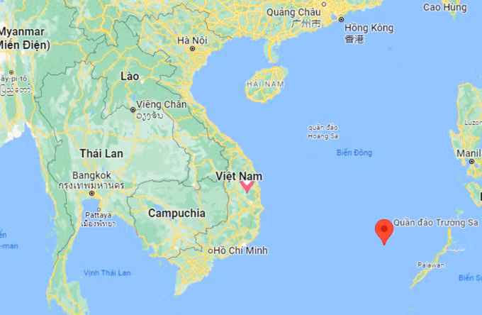 Vị trí 4 ngư dân được tìm thấy gần quần đảo Trường Sa. Ảnh: Google Maps