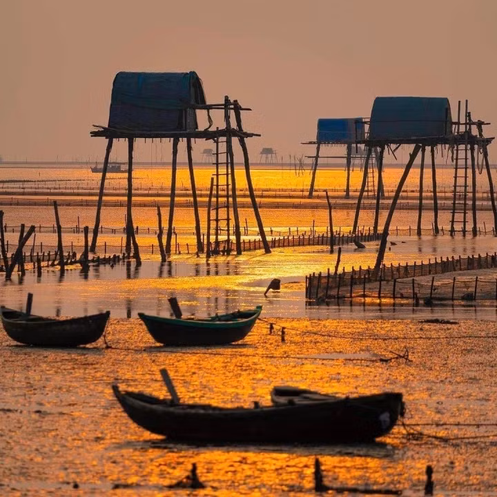 Những chòi canh ngao cao lêu nghêu là một trong những đặc trung ở bãi biển nơi đây. (Ảnh: Tuan Anh)