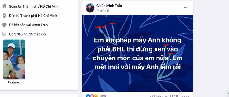 Ảnh chụp màn hình dòng trạng thái khiến nhiều người hoài nghi của HLV Trần Minh Chiến
