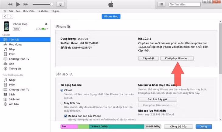 Các bước khôi phục iPhone bằng iTunes.
