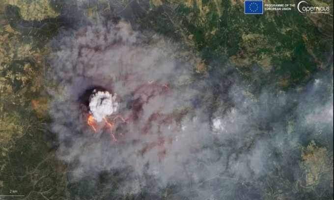 Cháy rừng tại vườn quốc gia Las Batuecas-Sierra de Francia tại Tây Ban Nha trong tháng 7/2022. Ảnh: Copernicus