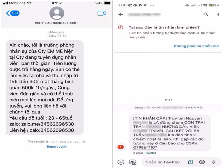 Một số tin nhắn lừa đảo người dùng.