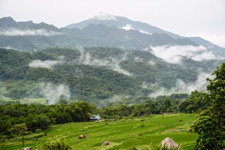 Nằm ở độ cao 1700m so với mực nước biển, khu vực này gồm núi non bao phủ bởi rừng rậm, nhiều suối, thác lớn nhỏ, hang động… xen lẫn các thung lũng ruộng bậc thang và bản làng của người Thái, người Mường. Ảnh: HP
