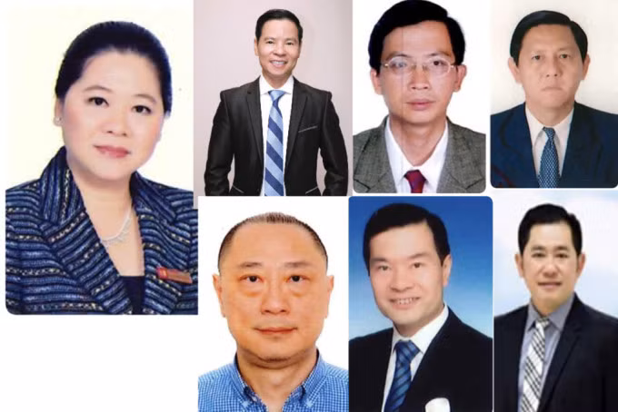 Nhóm 7 lãnh đạo cấp cao của SCB đang bị truy nã. Bị can Sương, Thành, Vũ, Tồn, Ziang, George, Dũng (từ trái qua phải, từ trên xuống dưới). Ảnh: Bộ Công an