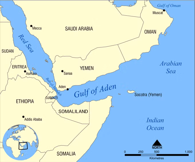 Vị trí Vịnh Aden và Yemen. Đồ họa: Wikipedia.