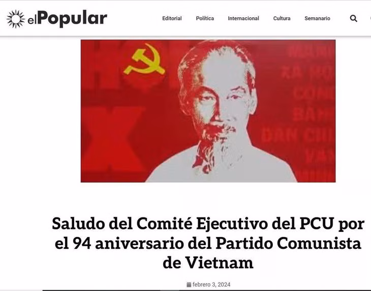 Điện mừng của Ban Chấp hành Trung ương Đảng Cộng sản (PCU) Uruguay gửi tới Tổng Bí thư Nguyễn Phú Trọng, đăng trên báo Nhân dân (El Popular). (Ảnh: Diệu Hương/TTXVN)