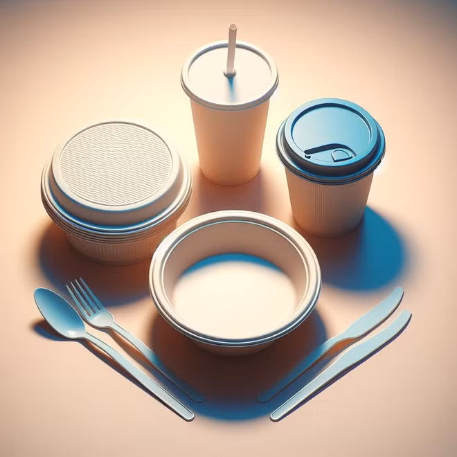 Trên bề mặt của những chén, đĩa, ly, chai, muỗng, ống hút bám đầy các vi hạt nhựa (microplastic). Ảnh: Bing AI.