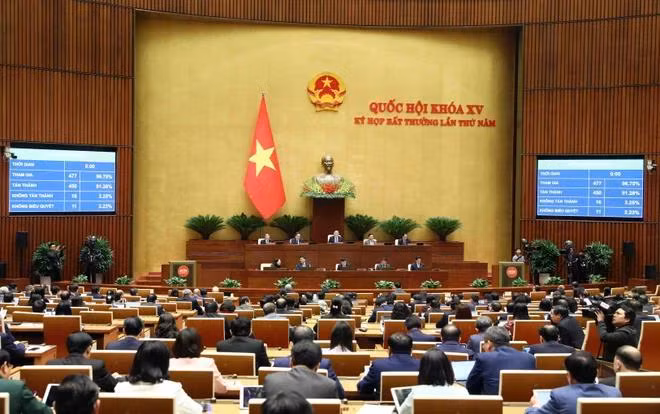 Quốc hội biểu quyết thông qua Luật Các tổ chức tín dụng (sửa đổi). (Ảnh: Phạm Kiên/TTXVN)