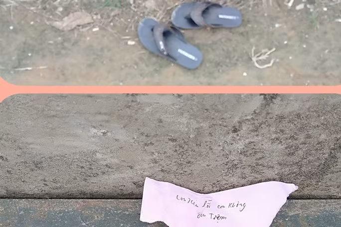 Mẩu giấy và đôi dép nam sinh để lại trên bờ. Ảnh người dân cung cấp.