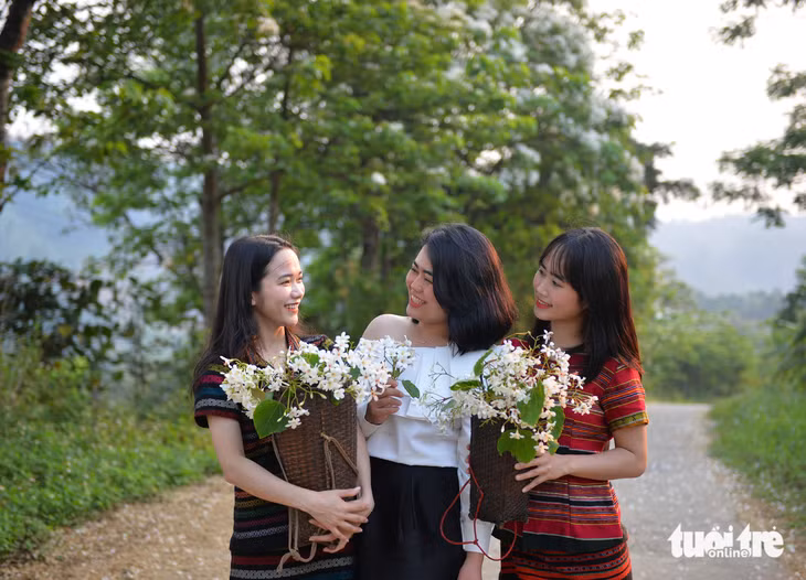 Các bạn trẻ có thể lưu lại vẻ đẹp hoa trẩu với bộ trang phục áo dài, trang phục đồng bào