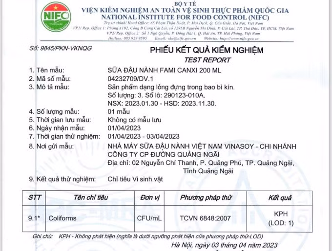 Kết quả kiểm nghiệm mẫu lưu đối chứng của lô hàng sữa đậu nành Fami Canxi xuất sang Nhật Bản cho kết quả âm tính với coliform.