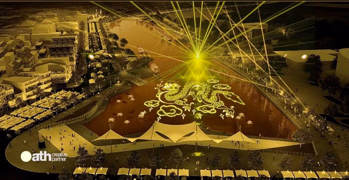 Ánh sáng xung quanh bờ hồ giảm cường độ, tạo nên hình ảnh long (rồng)