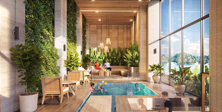 Một góc khu vực bể bơi với tầm nhìn Vịnh di sản mang đến cho các chủ nhân một cuộc sống thư thái.