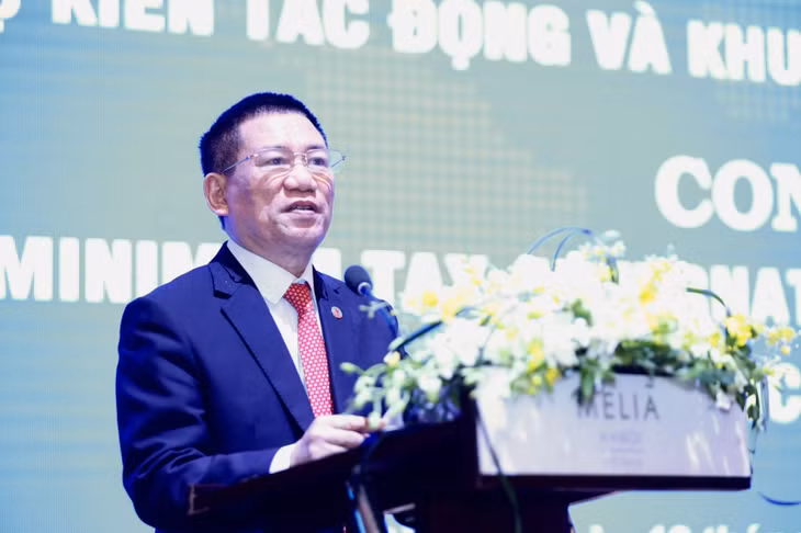 Bộ trưởng Bộ Tài chính phát biểu tại Hội thảo Quy tắc thuế tối thiểu toàn cầu. Ảnh: BTC.