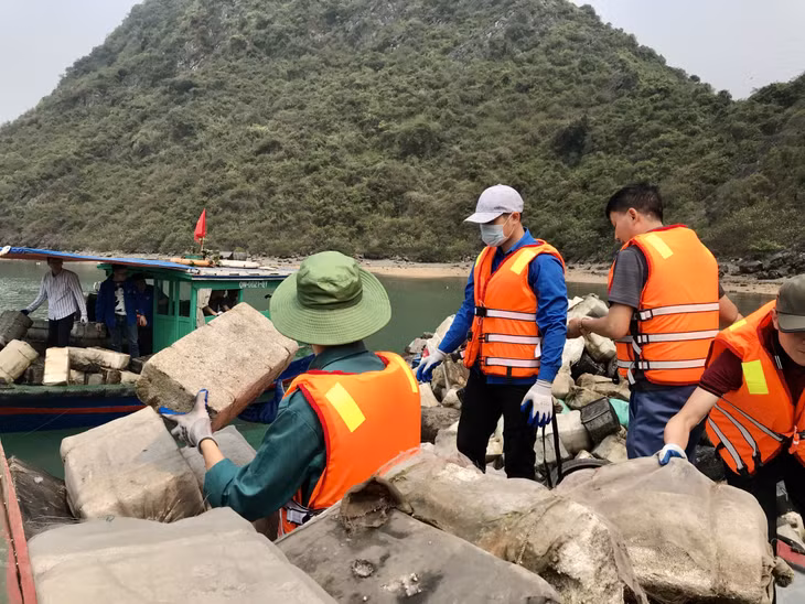 Cán bộ, nhân viên Sở TN&amp;MT thu gom rác thải, phao xốp tại khu vực hòn Dầm Bắc.