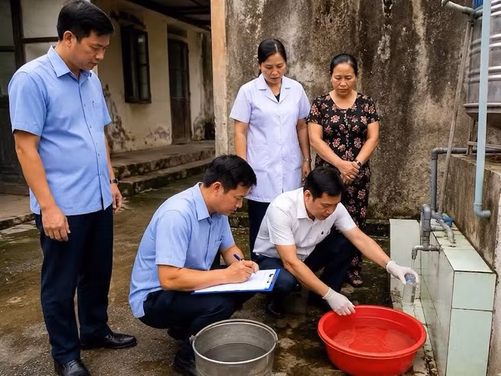 Phường Hoàng Quế phối với cơ quan chuyên môn lấy mẫu nước tại nhà hộ dân khu Trại Chuối sau khi nhận được phản ánh của các hộ dân. Ảnh: Lan Anh (CTV)