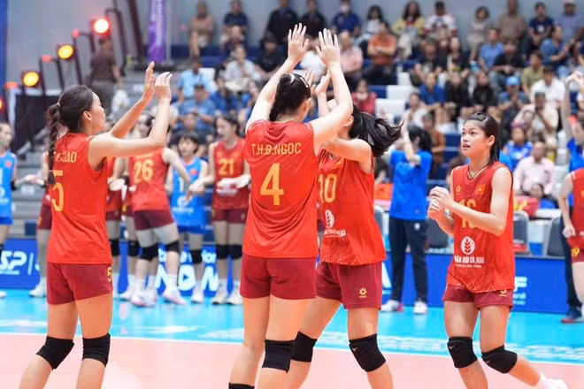 Tuyển bóng chuyền nữ U18 Việt Nam góp mặt ở tứ kết U18 châu Á 2026. Ảnh: VFV