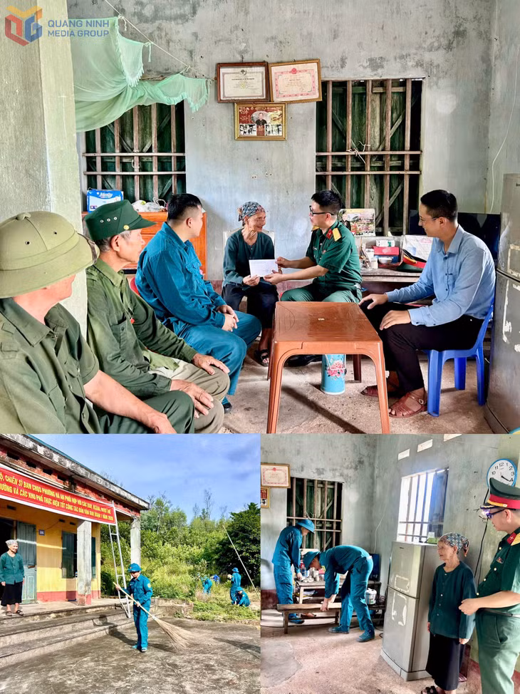 Cán bộ, chiến sĩ Ban CHQS phường Hà An hành quân dã ngoại kết hợp công tác dân vận, thực hiện thăm hỏi, tặng quà và giúp cựu thanh niên xung phong Ngô Thị Liệu vệ sinh nhà cửa.