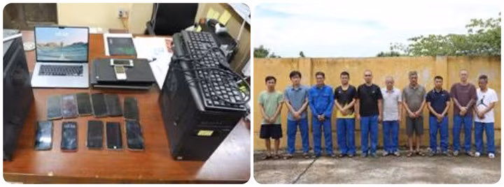 Các đối tượng cùng tang vật vụ án. (Ảnh: Công an Hưng Yên)