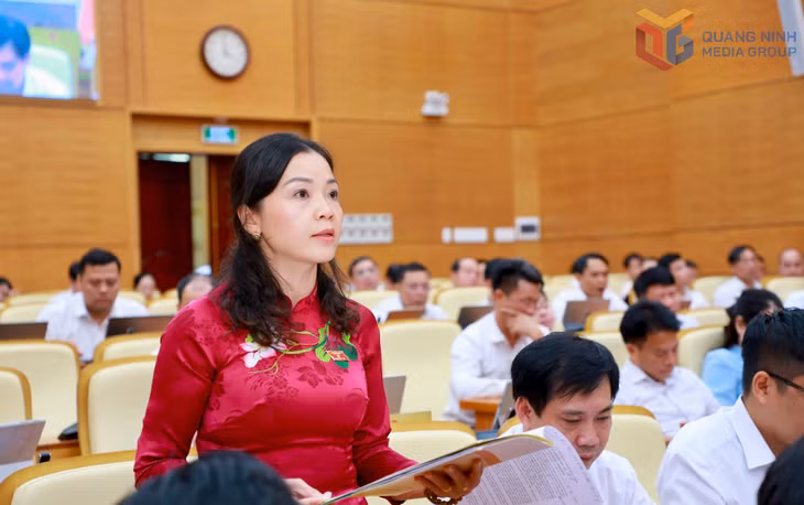 Đại biểu Vũ Thị Mai, Giám đốc Bệnh viện Y Dược cổ truyền tỉnh Quảng Ninh phát biểu tại hội trường.