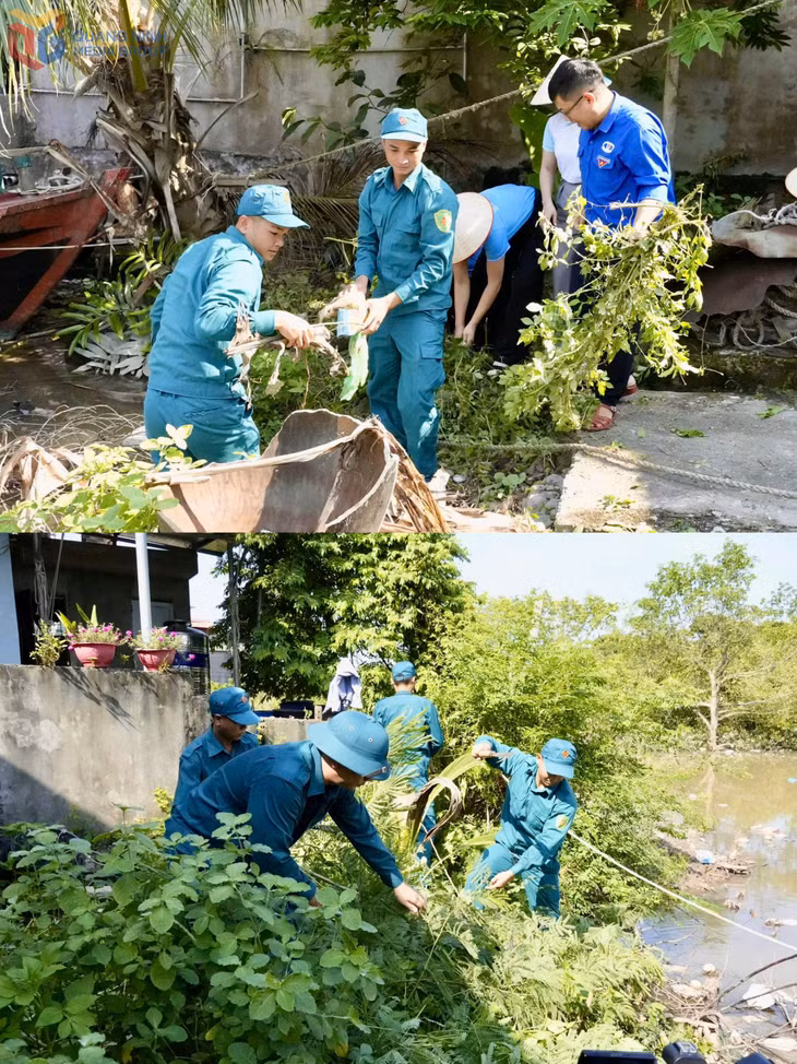 Cán bộ, chiến sĩ Ban CHQS phường Liên Hòa phối hợp cùng các lực lượng dọn dẹp nhà cửa và khu vườn của Mẹ liệt sĩ Vũ Thị Khiêm.