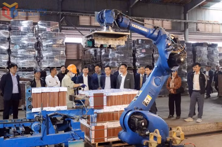 Các doanh nghiệp tư nhân ngày càng ứng dụng sâu thành tựu của KHCN vào hoạt động sản xuất kinh doanh. (Trong ảnh: Hệ thống tay robot tự động hoá của Công ty CP Gạch ngói Đất Việt).