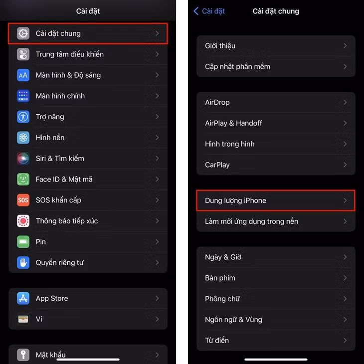Các bước kiểm tra dung lượng iPhone (trái), Samsung (phải).